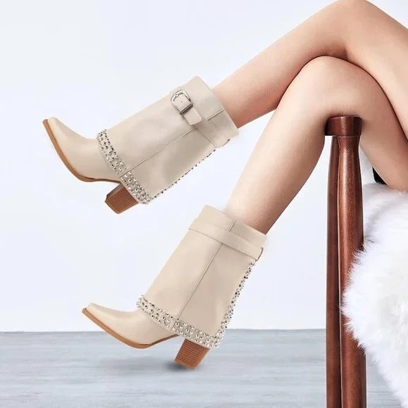 Elegant Cream Ankle Boots with Rhinestone Detailing - Picture 2 of 12